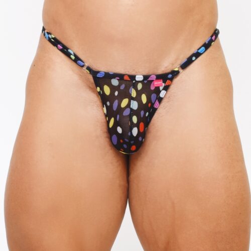 Model showcasing the Front View of the Pop Rocks Sheer Thong with Side Adjustable V-String Bottom option