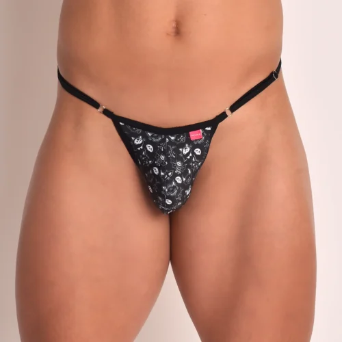 Male model showing the frontal view of the Halloween Nightmare Black Men's Thong