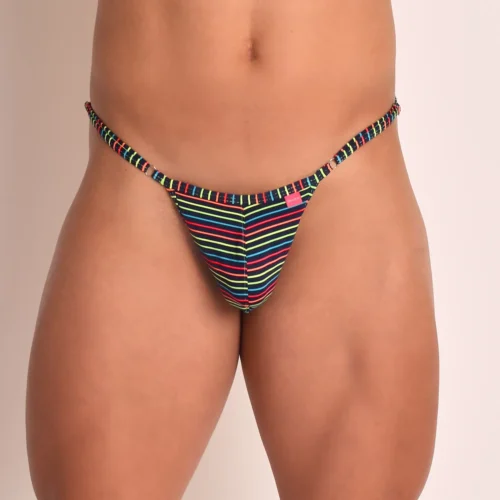 Male model showcasing the frontal view of the Neon Stripes Men's Thong