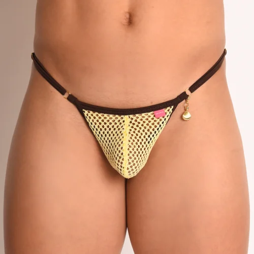 Close-up of the Solar Flare Mesh Seashell Pendant Thong — yellow mesh pouch, brown bind, pink Oh Lola tag, and gold seashell.